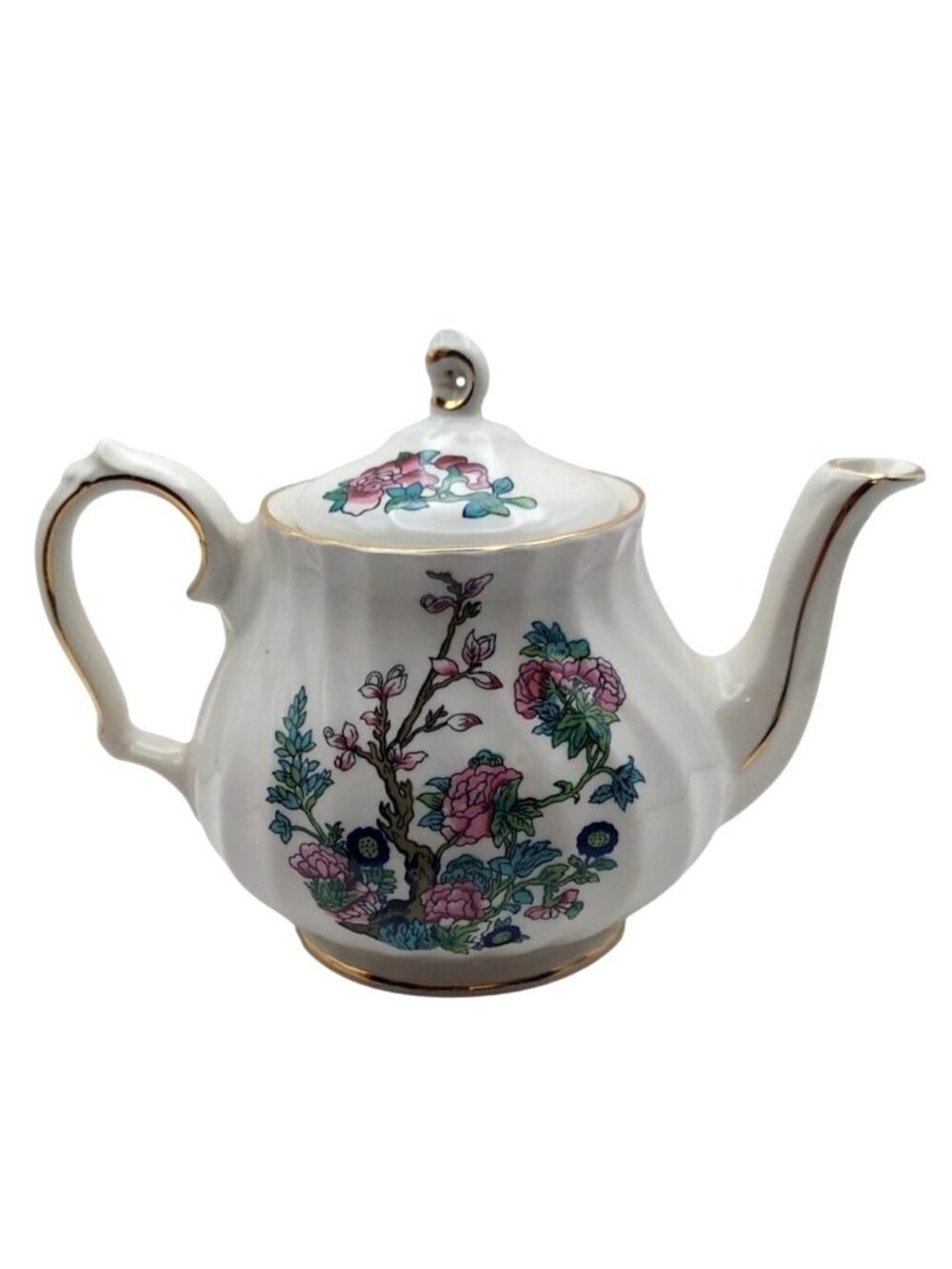 Sadler Indian Tree Porcelain Teapot W/ Lid Floral Gold Trim Vintage MCM England